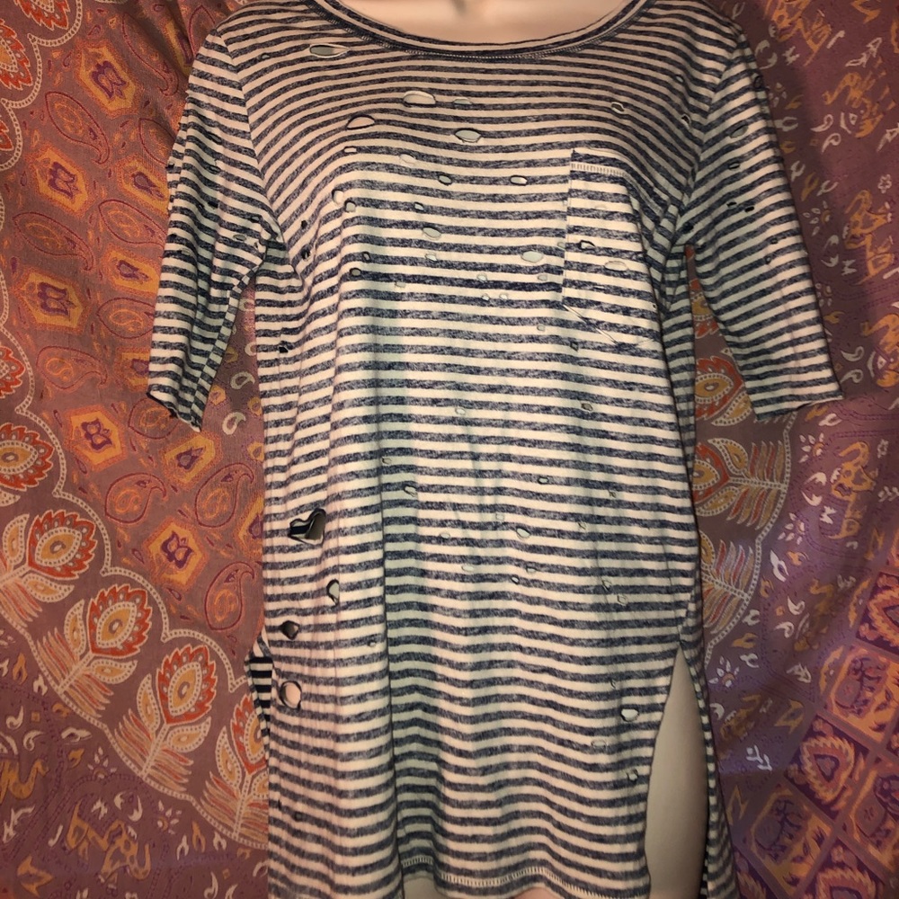 free people blue and white stripped holey tee